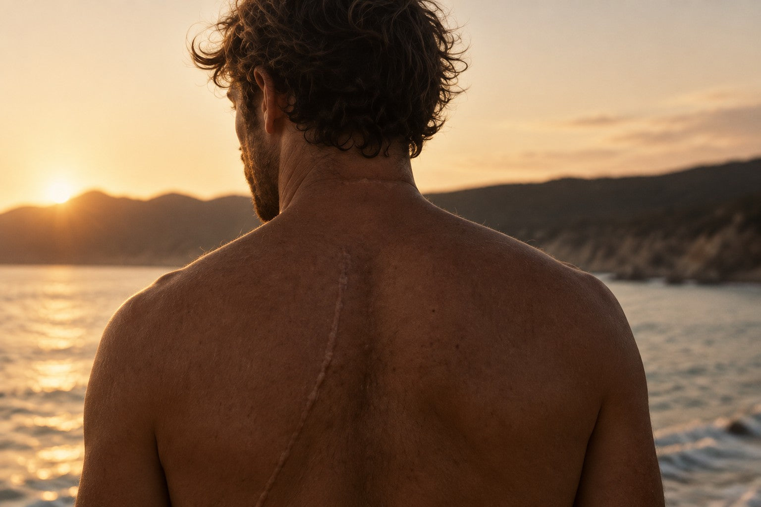 Surfer looking out over the water at sunset