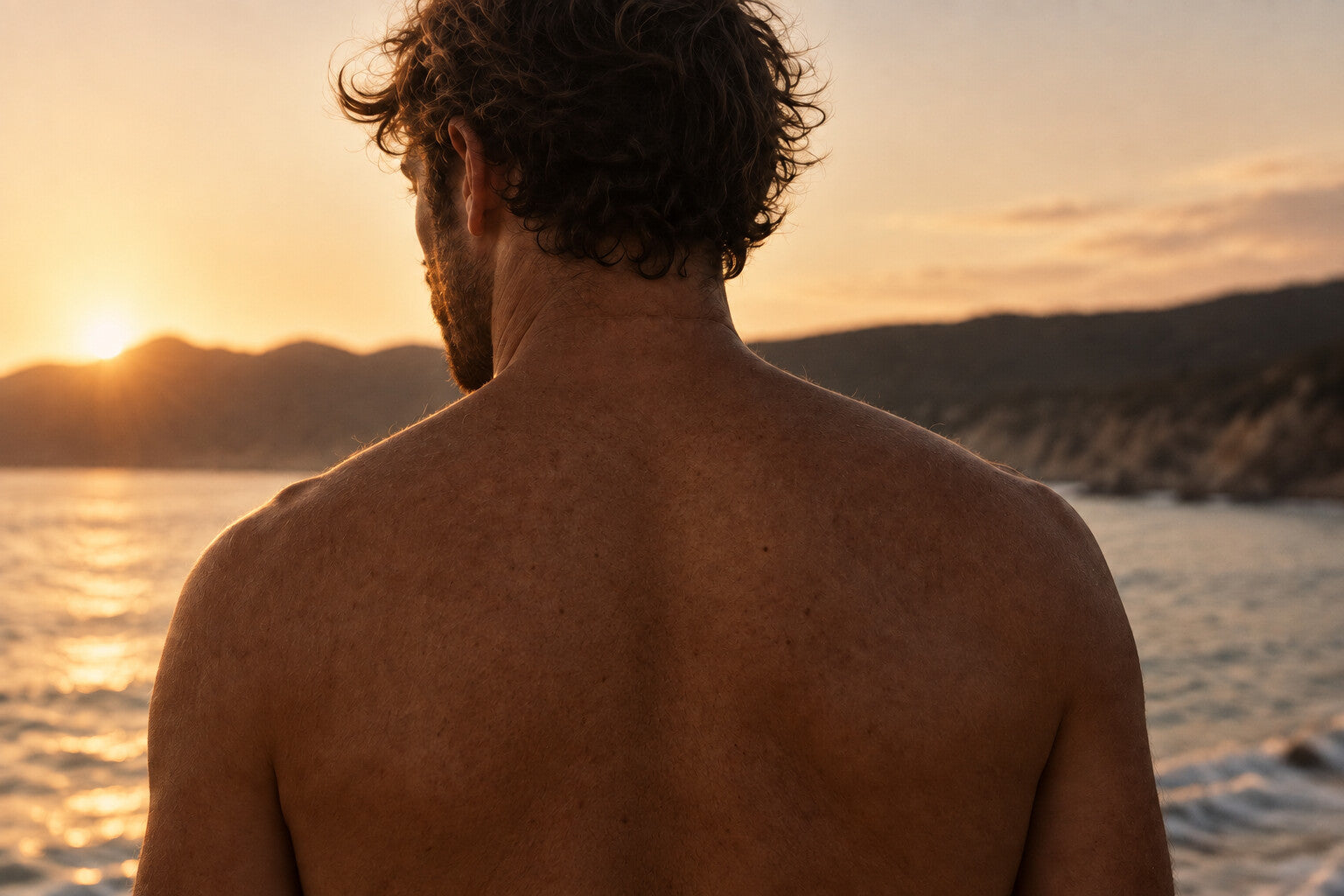 Surfer looking out over the water at sunset